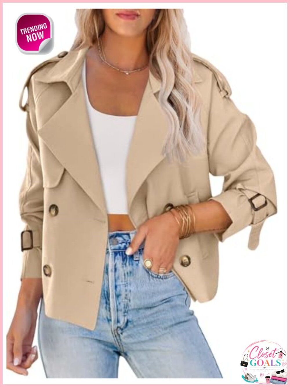 Women's Crop Trench Coat Double Breasted Short Jacket Windproof Polyester